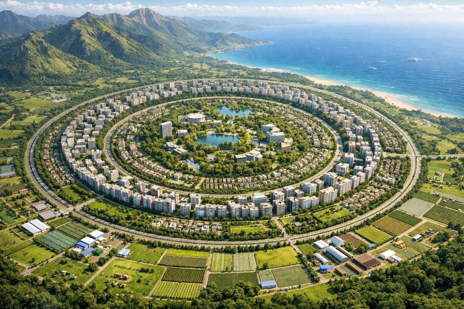 Aerial visualization of America Agent City, a circular green digital city between mountains and the ocean.